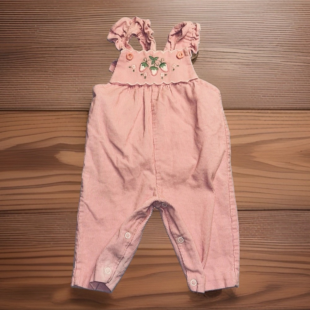 Vintage Pink Corduroy Smocked Strawberry Baby Overalls Romper